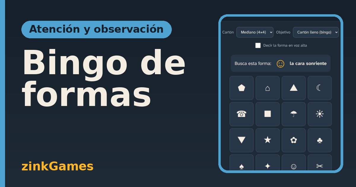Captura del juego Bingo de formas: Busca en tu cartón la forma indicada y márcala hasta completar una fila. Se juega en…