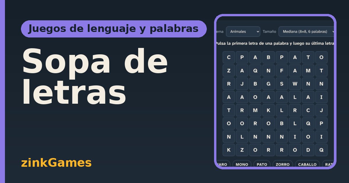 Captura del juego Sopa de letras: Encuentra palabras escondidas en una sopa de letras con ocho temas y tres tamaños. Se…